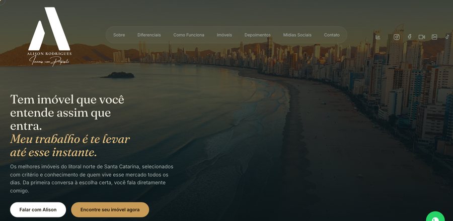 Primeira tela do site Alison Rodrigues Imóveis, corretor de imóveis de alto padrão em Balneário Camboriú