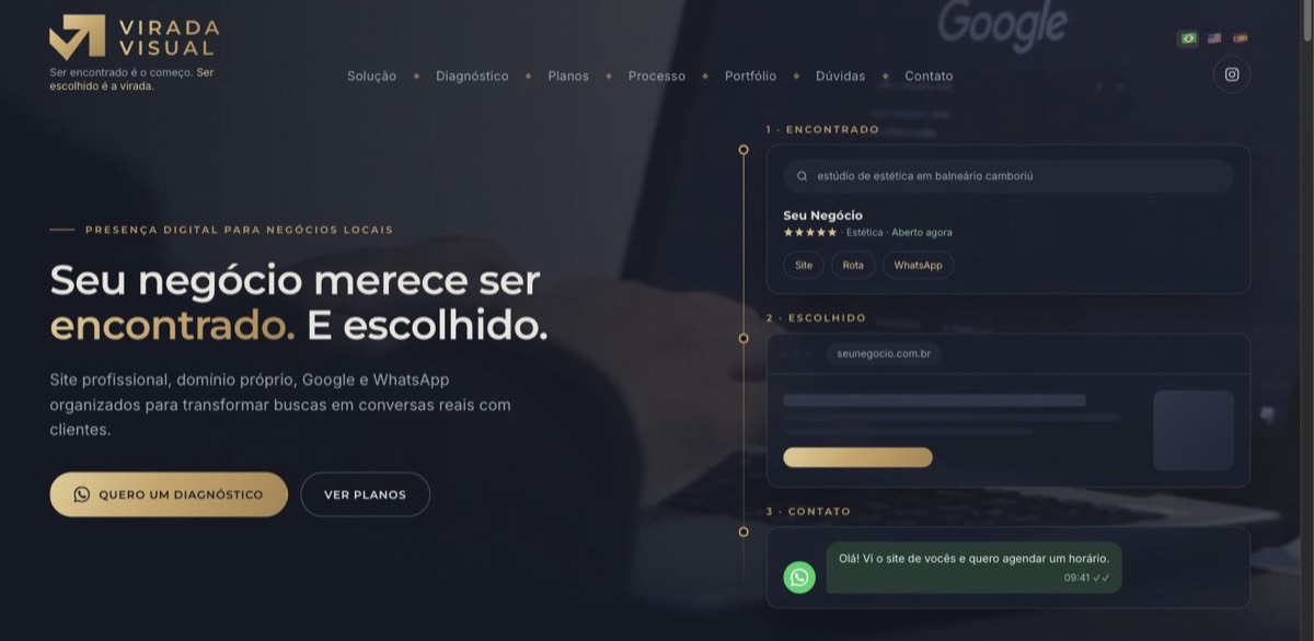 Página inicial do site da Virada Visual, presença digital para negócios locais em Balneário Camboriú